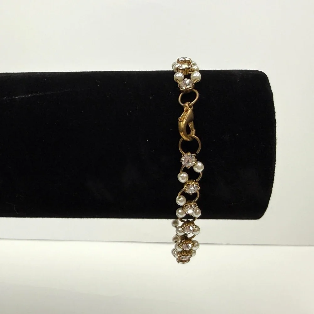 Antique Gold Tone Rhinestone Faux Pearl Bracelet Elegant Fashion Jewelry Sz 7